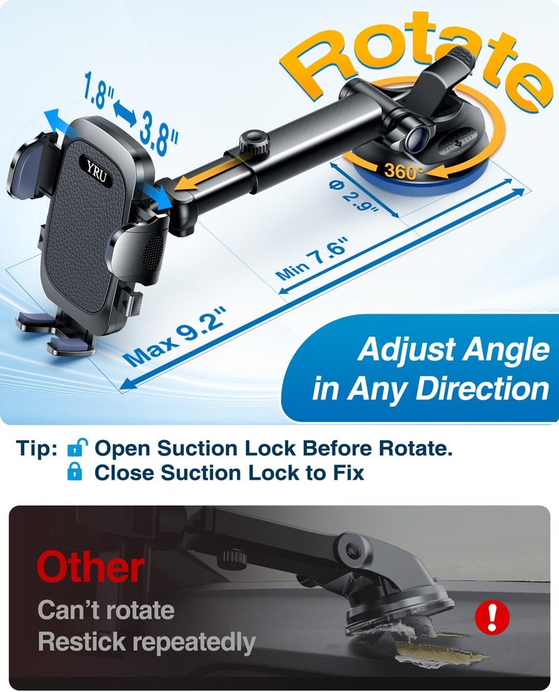 YRU True Military-Grade [360° Rotation Suction] 2025 Ultimate Car Phone Holder Mount 【90+LBS Safest Strongest & Patent Certs】 Dashboard Windshield Vent for iPhone 17 16 Pro Max Samsung, Matt Black - Image 4